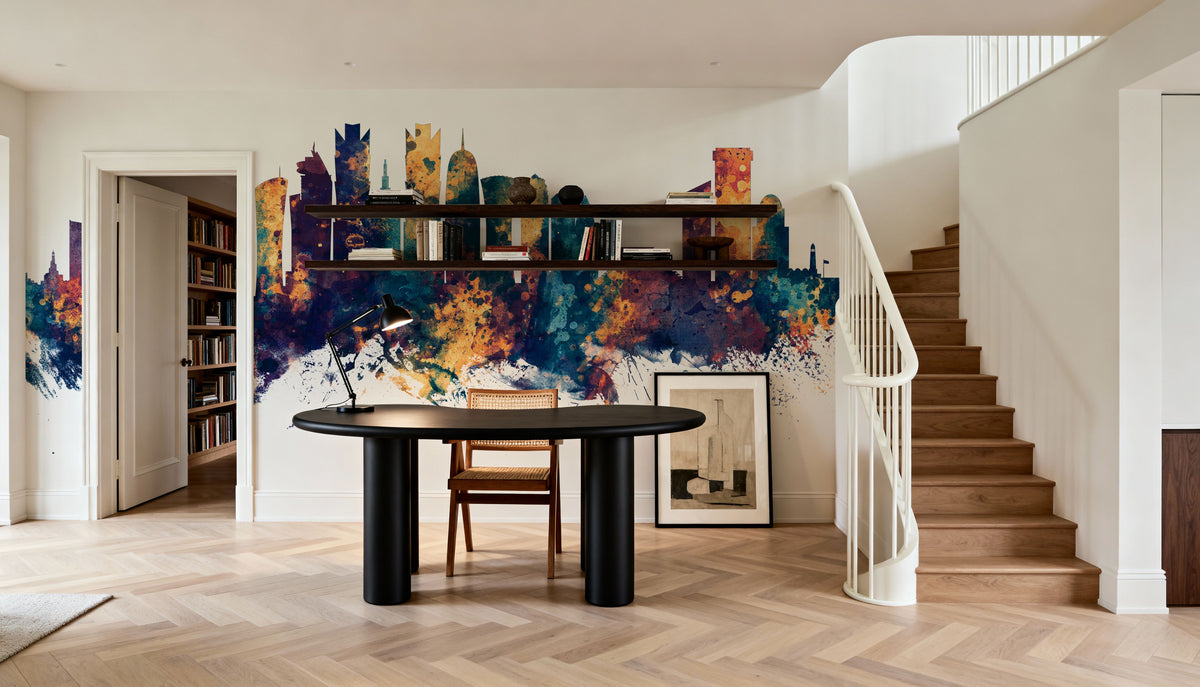 Doha Qatar Skyline Blue & Bronze Mural Wallpaper - room preview 06
