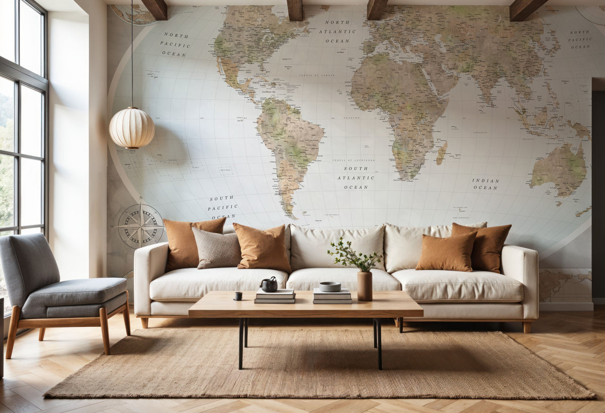 World Map Atlas Brown Mural Wallpaper - room preview 06