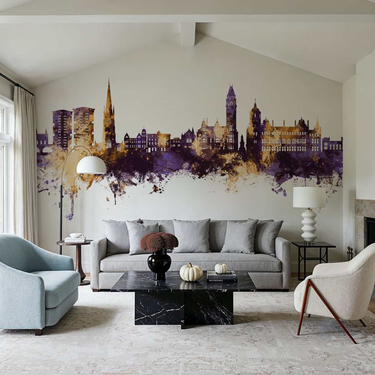 Wakefield England Skyline Purple & Gold Mural Wallpaper - room preview 06