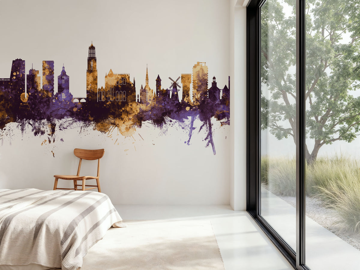 Utrecht the Netherlands Skyline Purple & Gold Mural Wallpaper - room preview 06