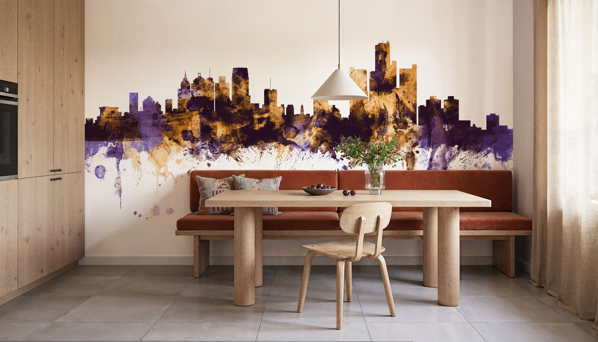 Detroit Michigan Skyline Purple & Gold Mural Wallpaper - room preview 06