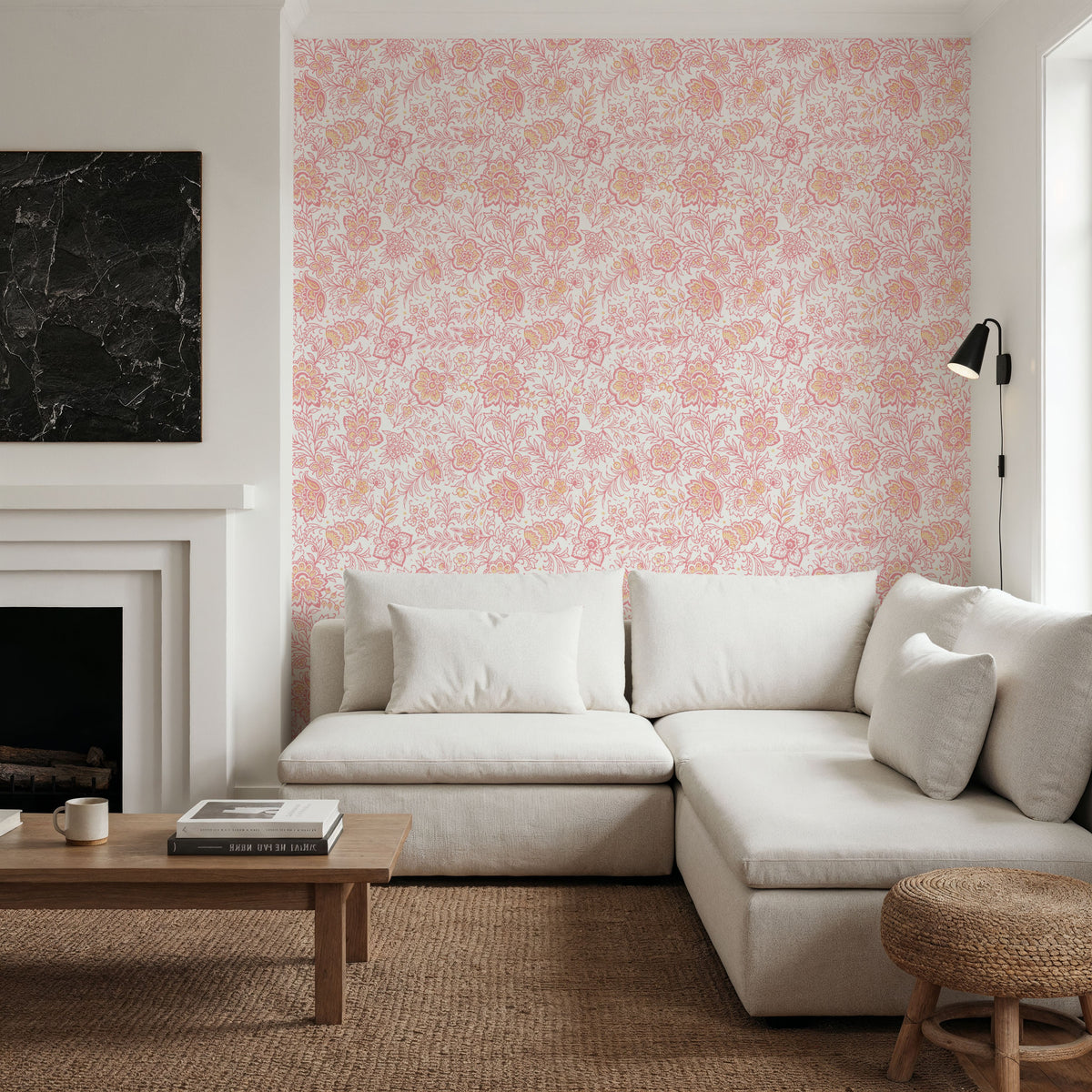 Kala Flowers Red on White Mural Wallpaper - room preview 06