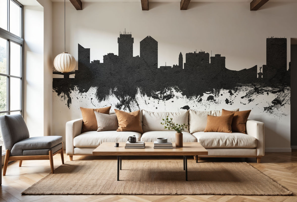 Wichita Kansas Skyline Black & White Mural Wallpaper - room preview 06