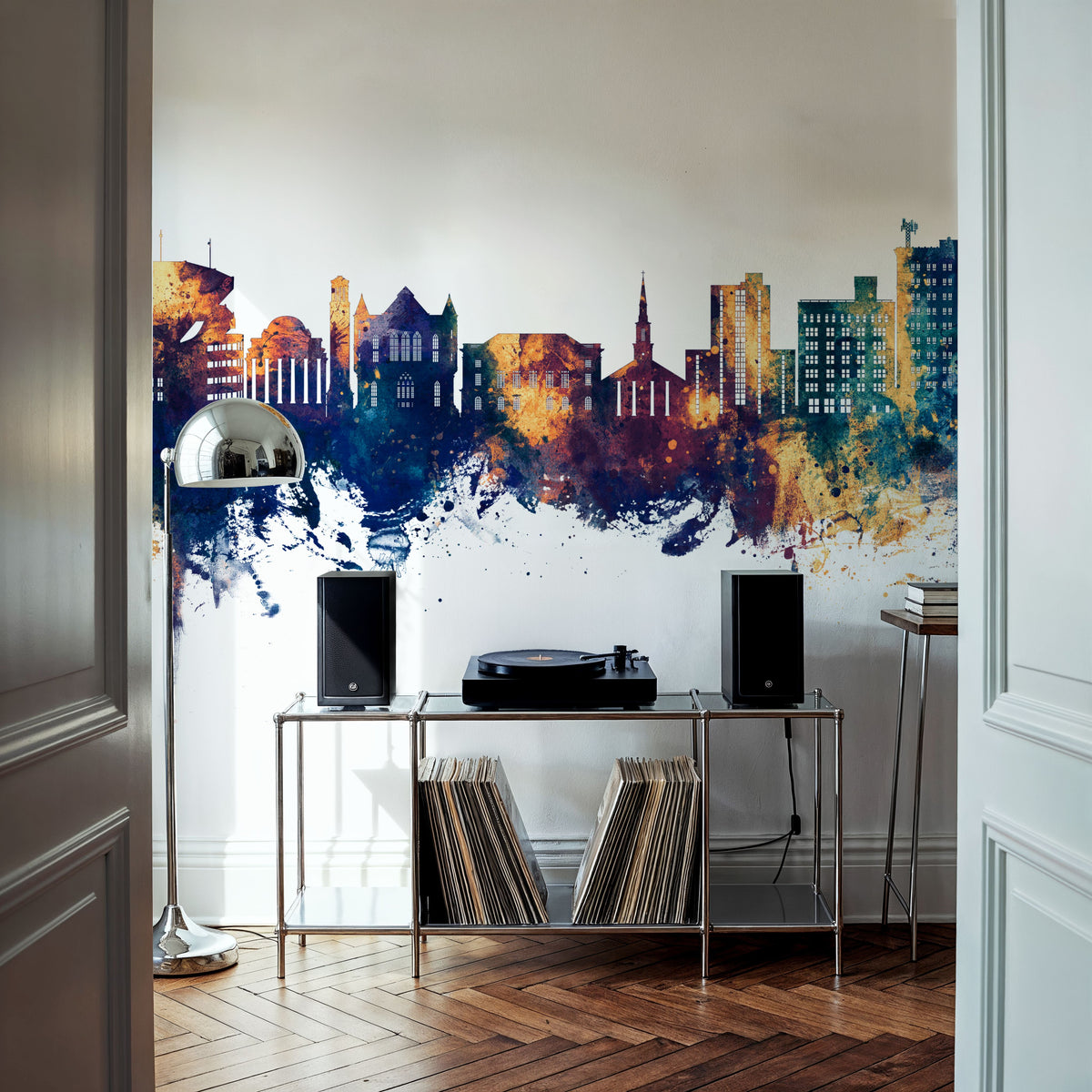Tuscaloosa Alabama Skyline Blue & Bronze Mural Wallpaper - room preview 06