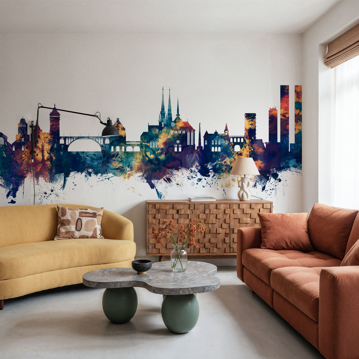 Luxembourg City Skyline Blue & Bronze Mural Wallpaper - room preview 06
