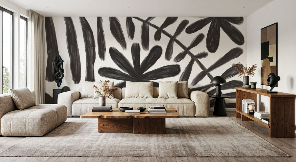 Fern and Flower Black Mural Wallpaper - room preview 06