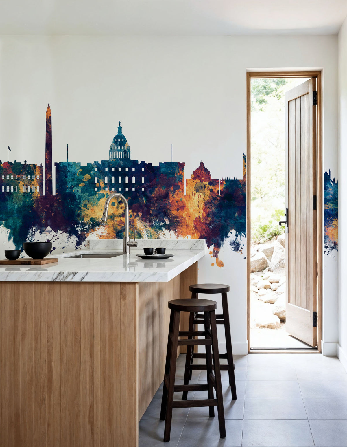 Washington DC Skyline Blue & Bronze Mural Wallpaper - room preview 06