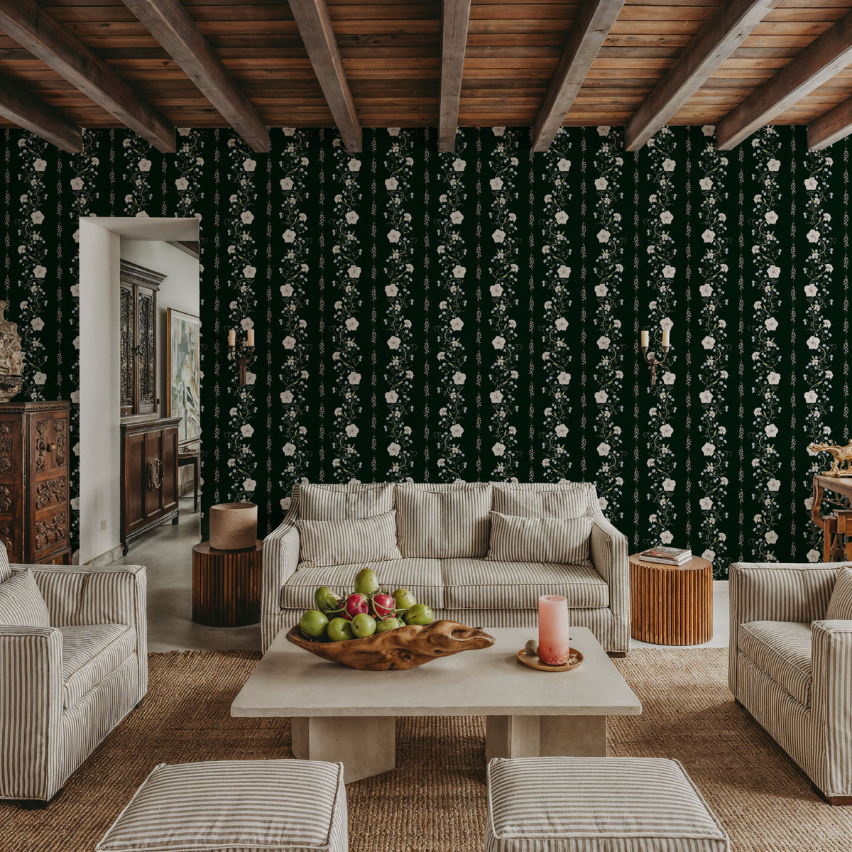 Trailing Flower Stripe, Dark Green Mural Wallpaper - room preview 06