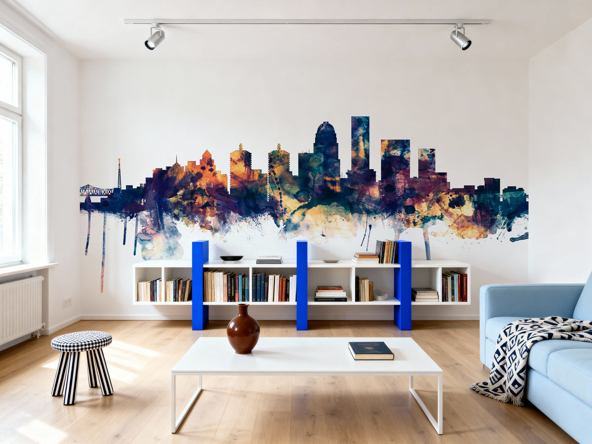 Louisville Kentucky Skyline Blue & Bronze Mural Wallpaper - room preview 06