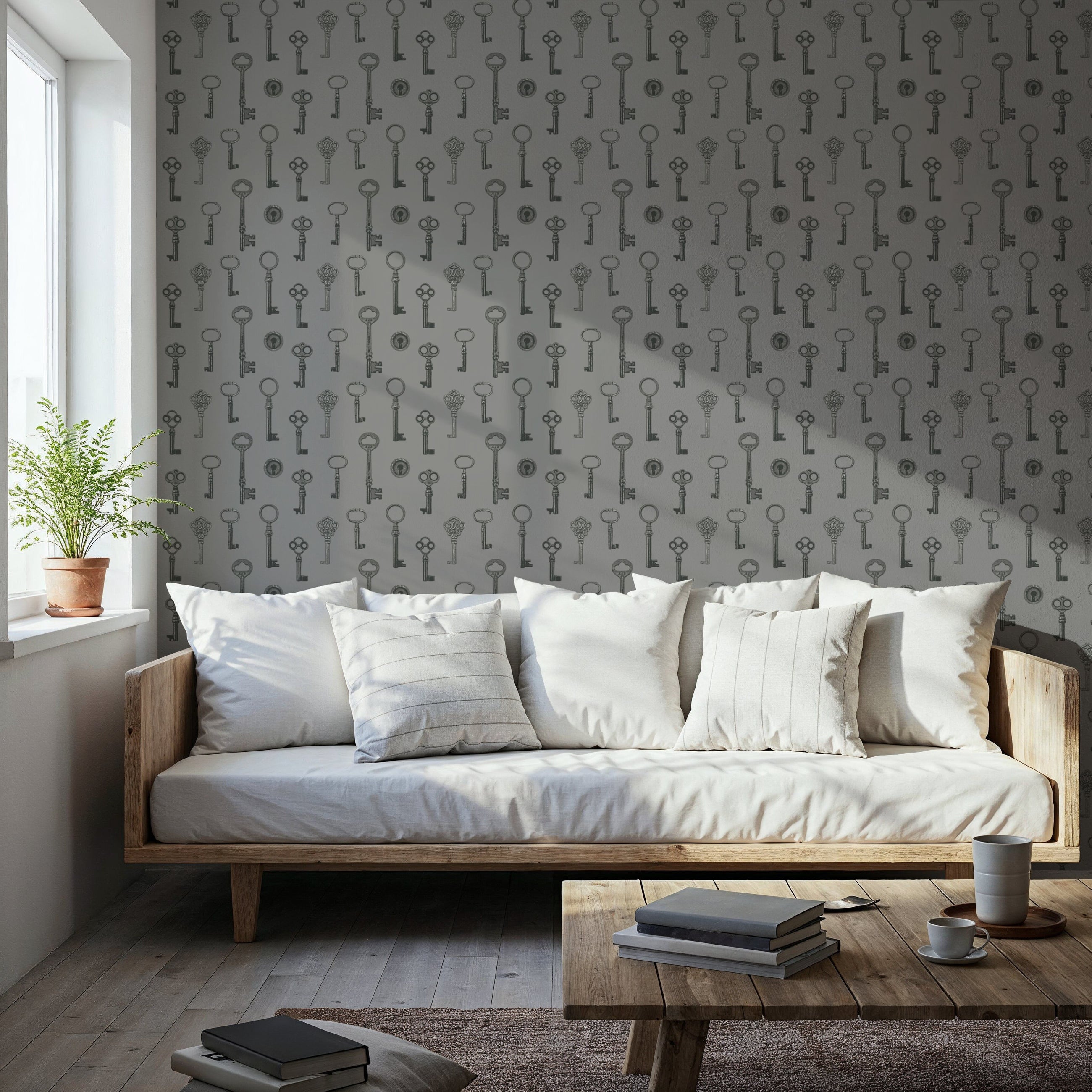 Antique Keys, Grey Mural Wallpaper