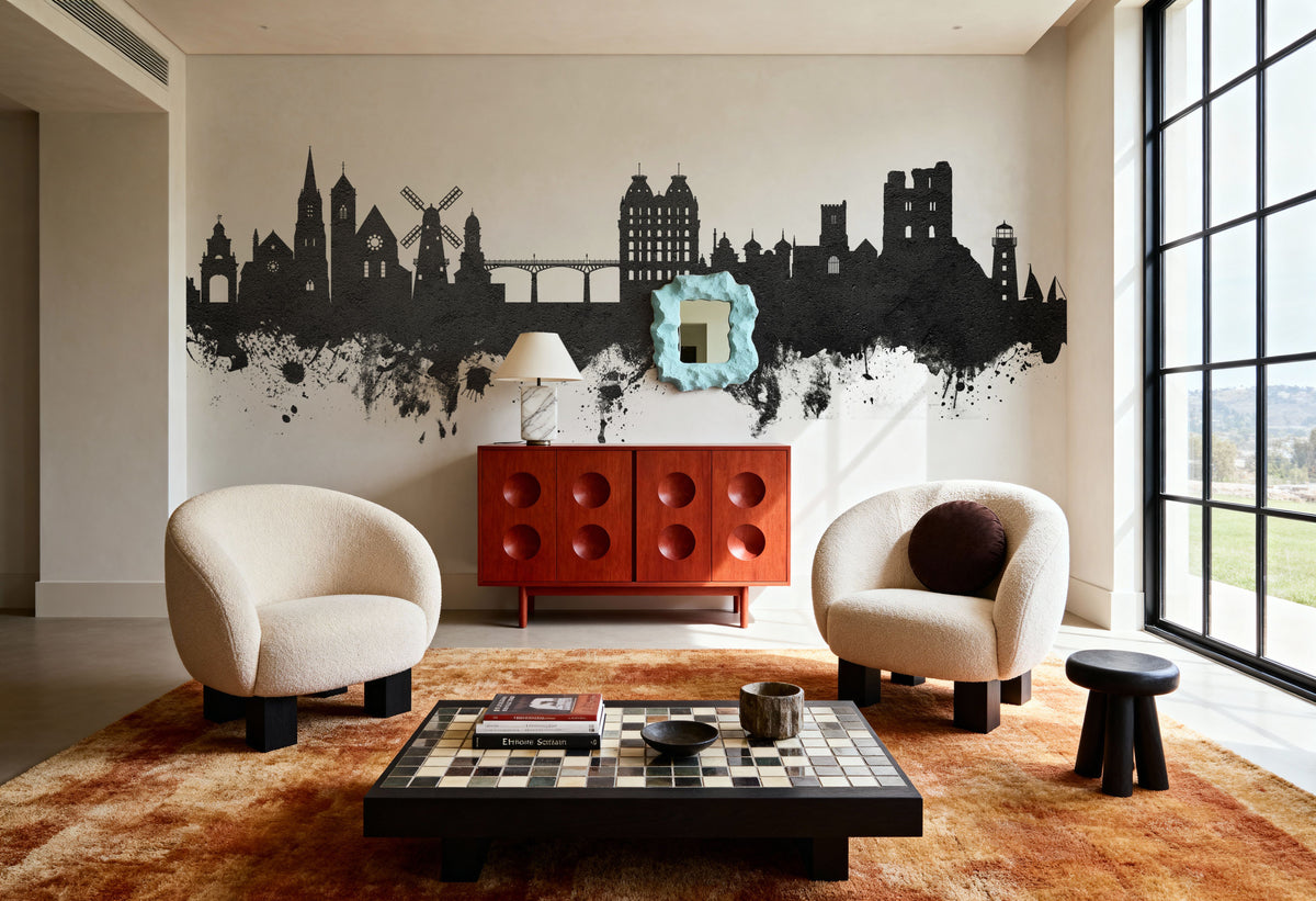 Scarborough England Skyline Black & White Mural Wallpaper - room preview 06