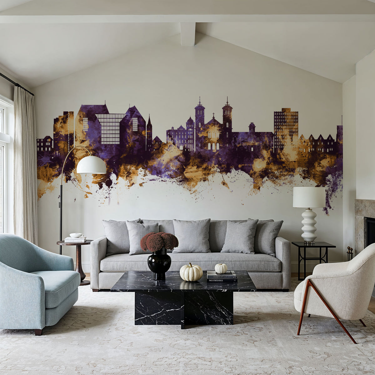 St John's Canada Skyline Purple & Gold Mural Wallpaper - room preview 06