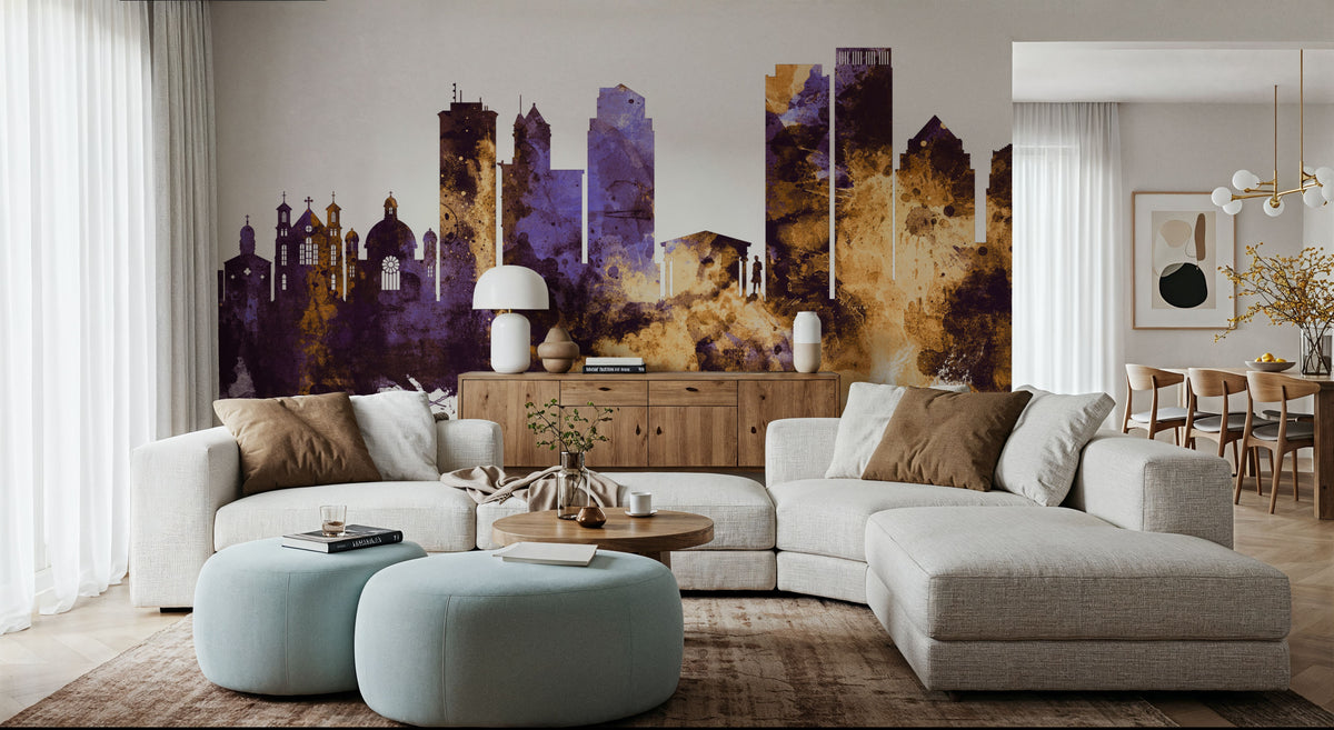 Dayton Ohio Skyline Purple & Gold Mural Wallpaper - room preview 06