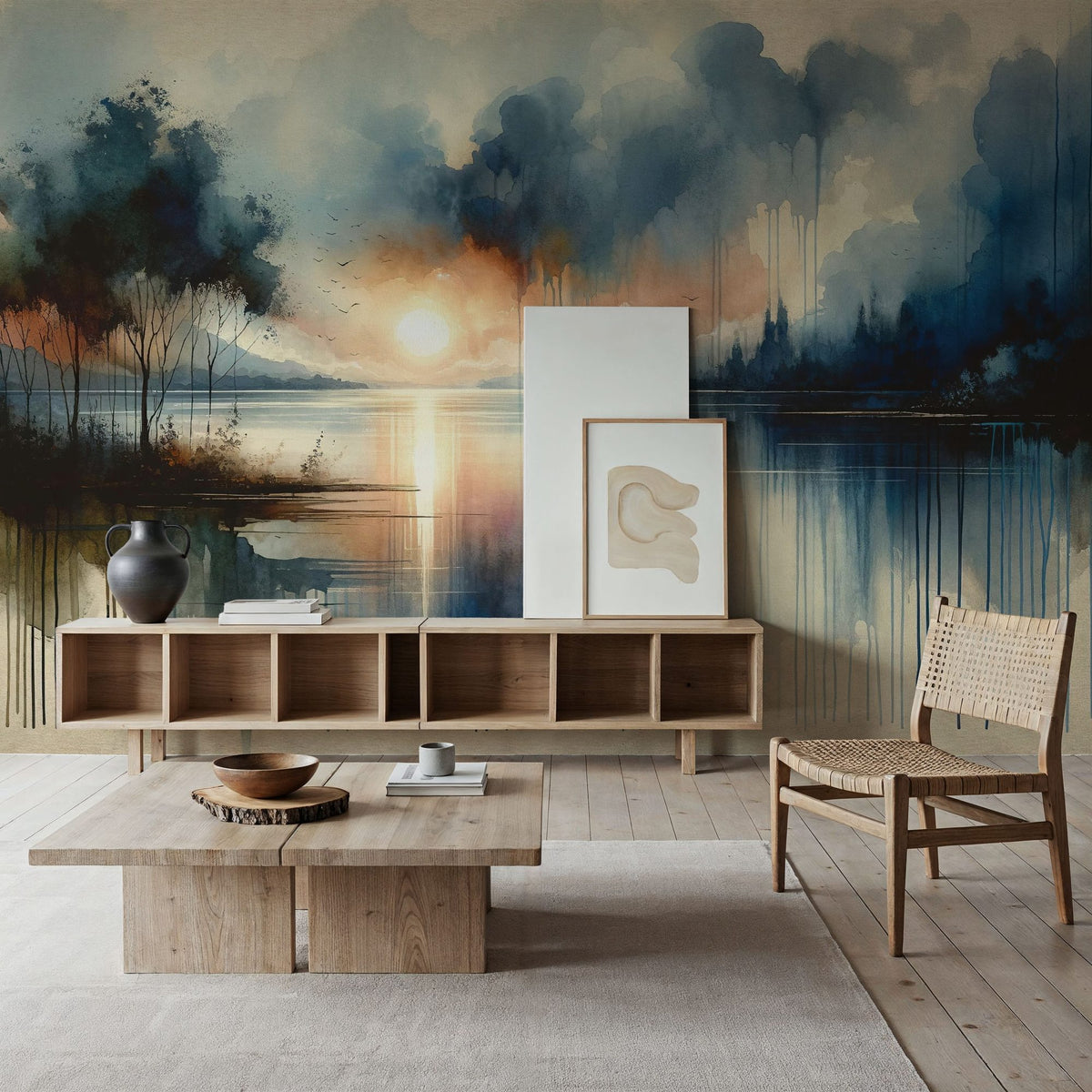 Watercolor Abstract Lake Mural Wallpaper - room preview 06