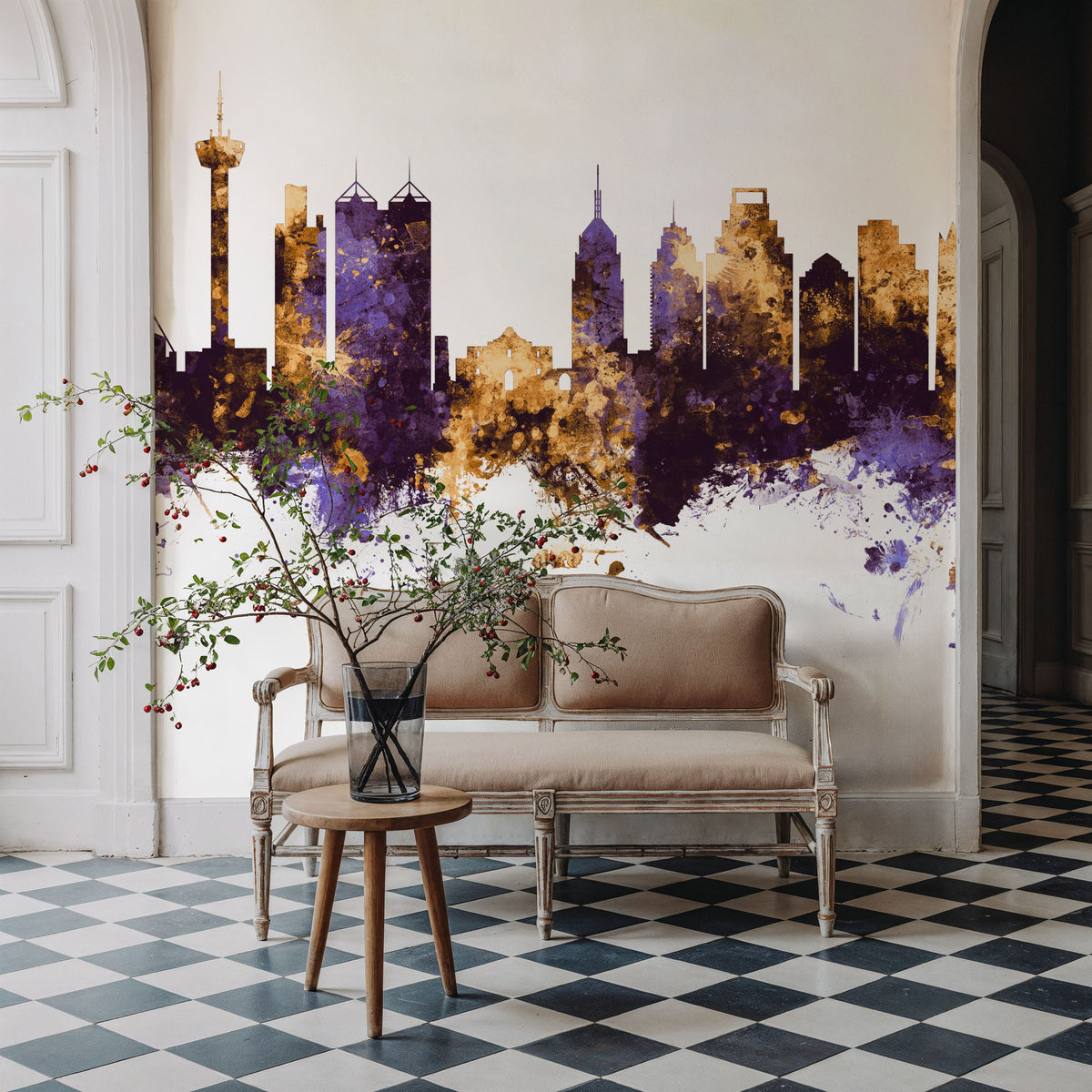 San Antonio Texas Skyline Purple & Gold Mural Wallpaper - room preview 06