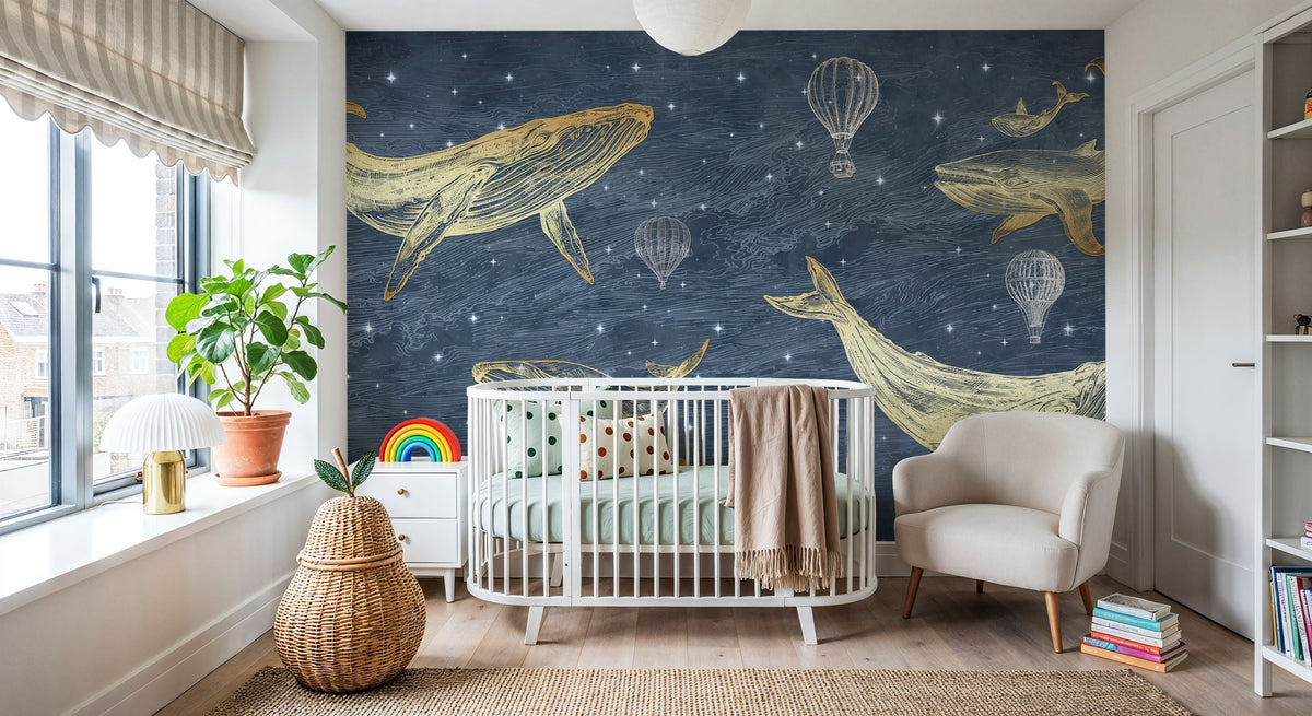 Whales in the Sky with Balloons, Washed Mural Wallpaper - room preview 06
