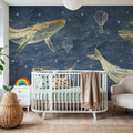 Whales in the Sky with Balloons, Washed Mural Wallpaper - room preview 06