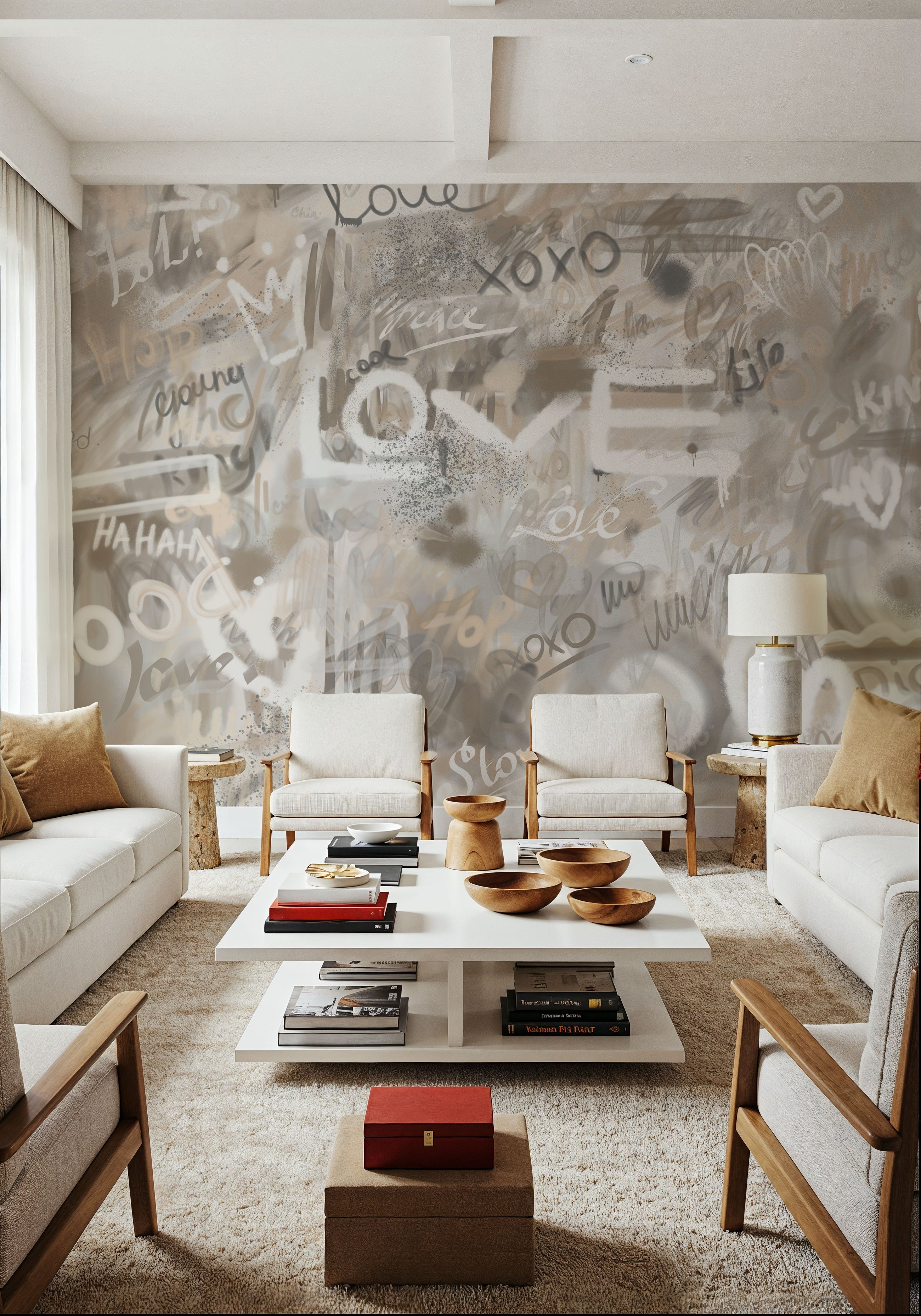 Graffiti Love, Beige Mural Wallpaper