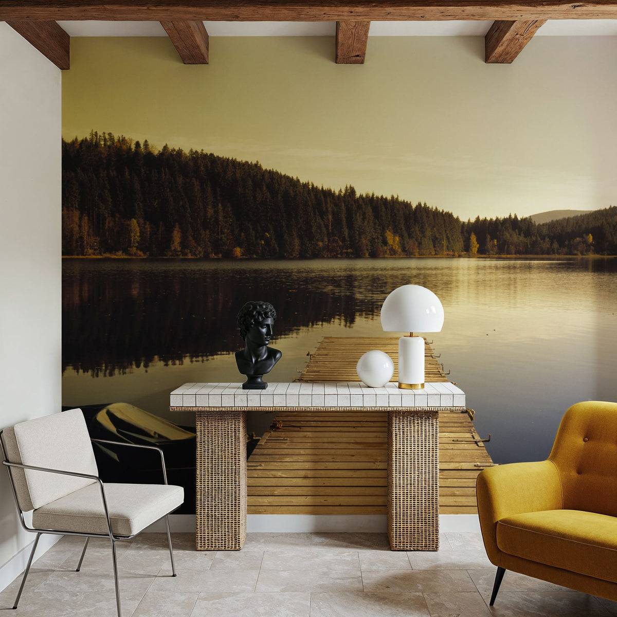 Autumn Harbor Reflection Mural Wallpaper - room preview 06