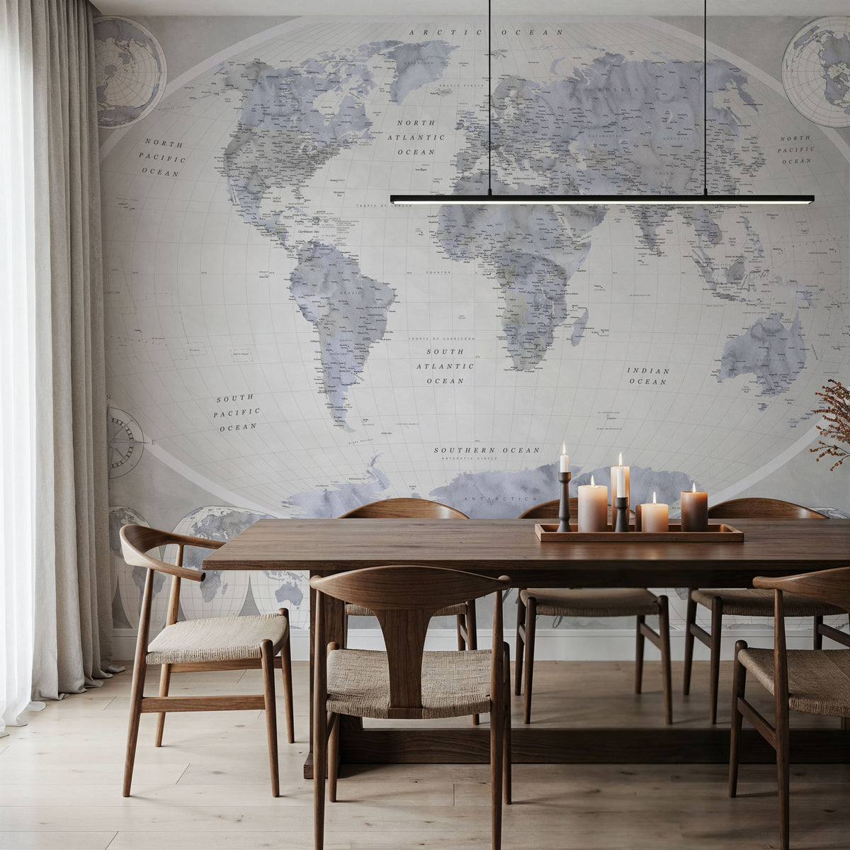 World Map Atlas Blue Gray Mural Wallpaper - room preview 06