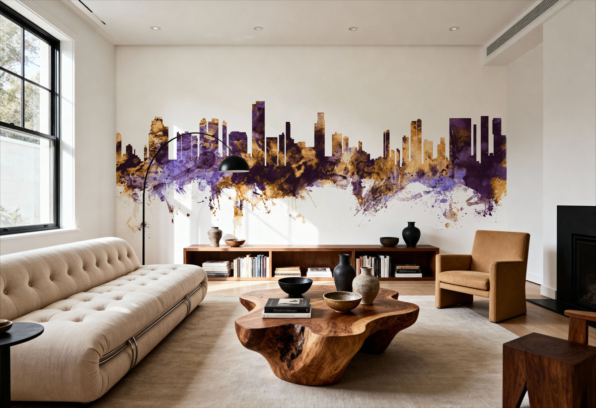 Honolulu Hawaii Skyline Purple & Gold Mural Wallpaper - room preview 06