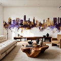 Honolulu Hawaii Skyline Purple & Gold Mural Wallpaper - room preview 06