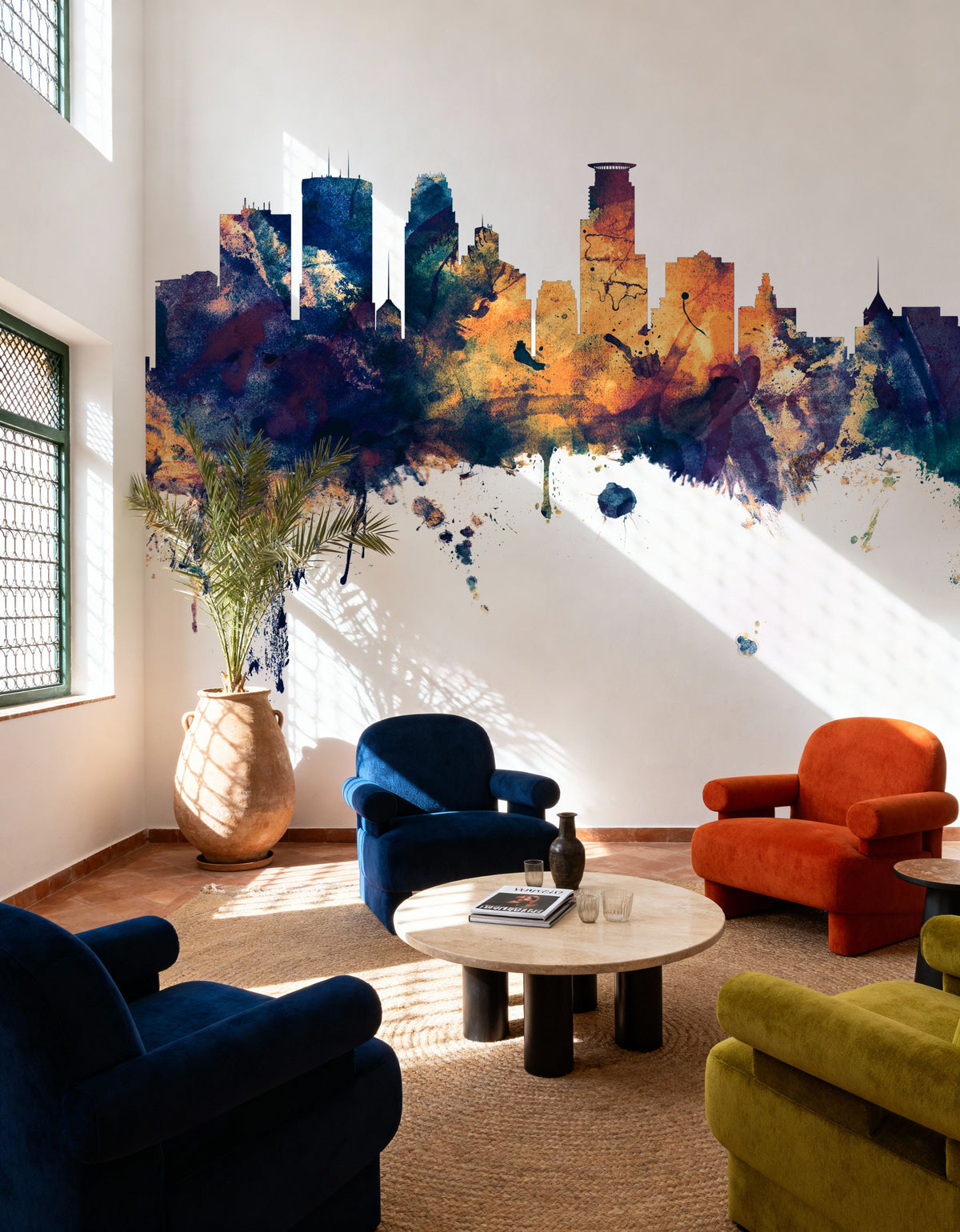 Minneapolis Minnesota Skyline Blue & Bronze Mural Wallpaper - room preview 06