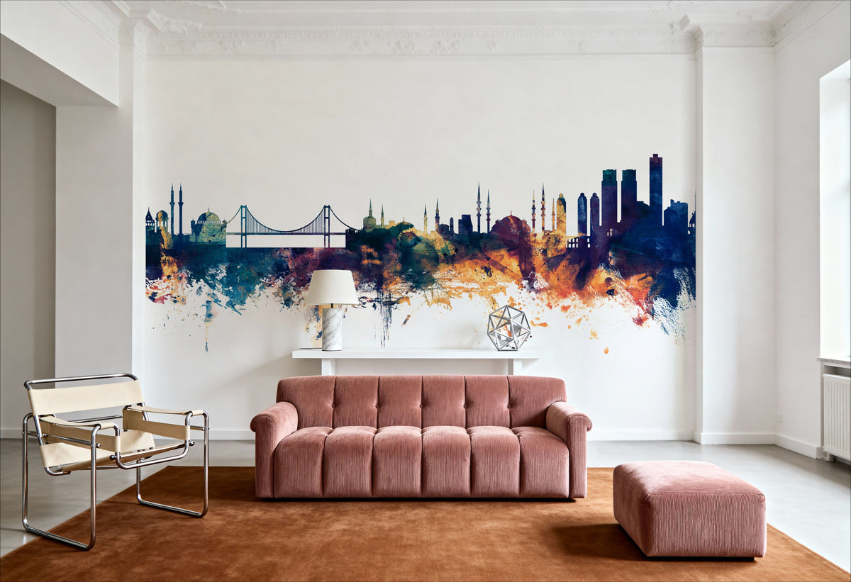 Istanbul Turkey Skyline Blue & Bronze Mural Wallpaper - room preview 06
