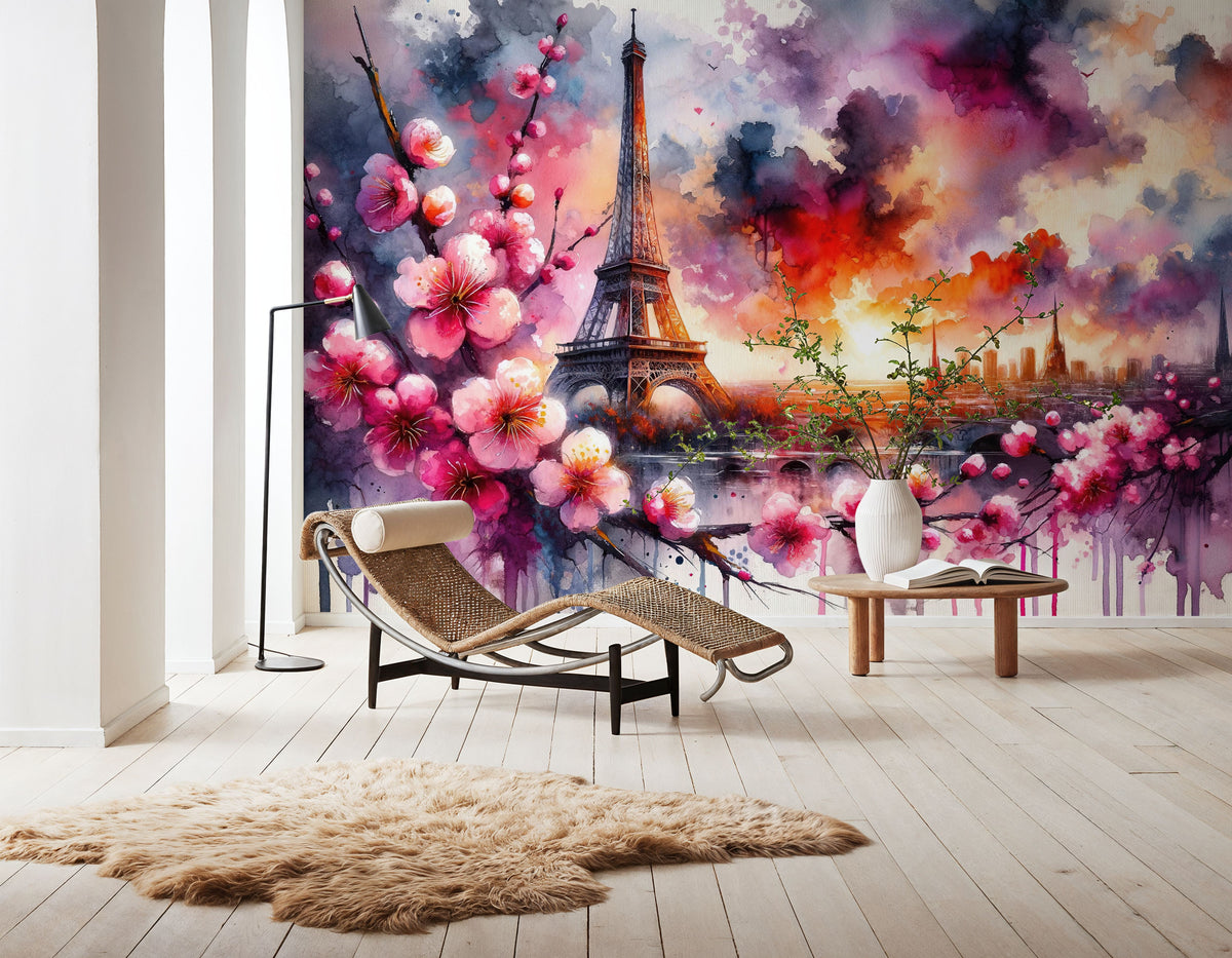 Watercolor Floral Paris Eiffel Tower Mural Wallpaper - room preview 06