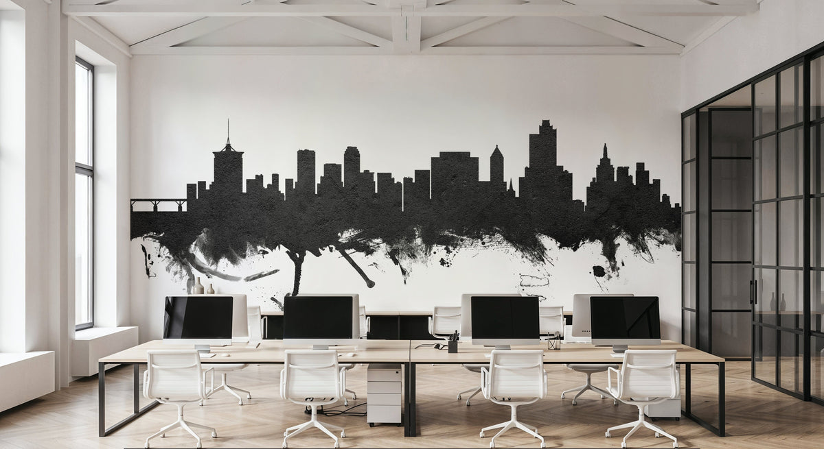 Tulsa Oklahoma Skyline Black & White Mural Wallpaper - room preview 06