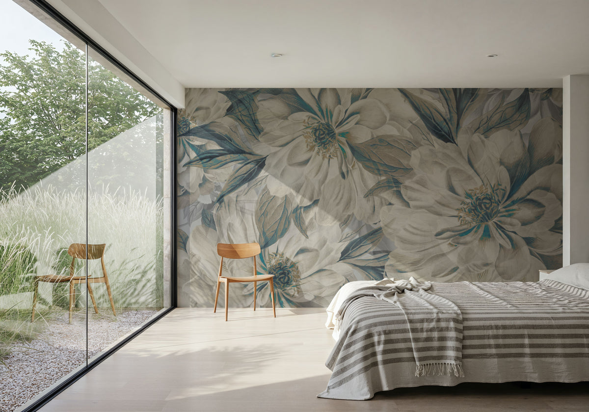 Peony Study - Cream and Teal Mural Wallpaper - room preview 06