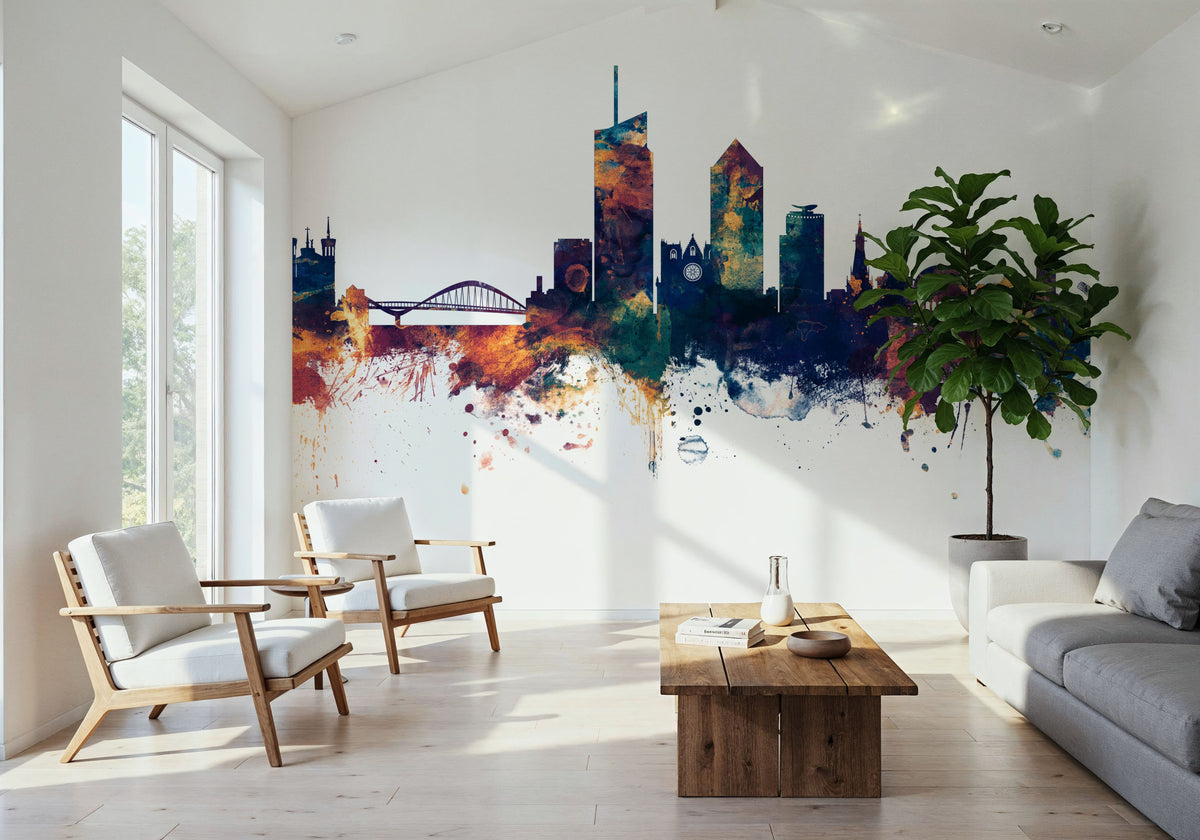 Lyon France Skyline Blue & Bronze Mural Wallpaper - room preview 06