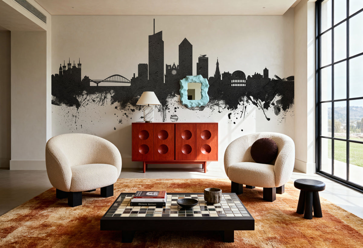 Lyon France Skyline Black & White Mural Wallpaper - room preview 06