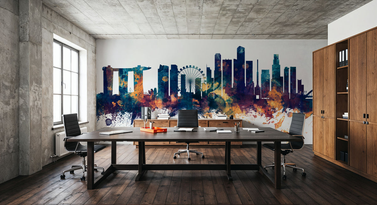 Singapore Skyline Blue & Bronze Mural Wallpaper - room preview 06