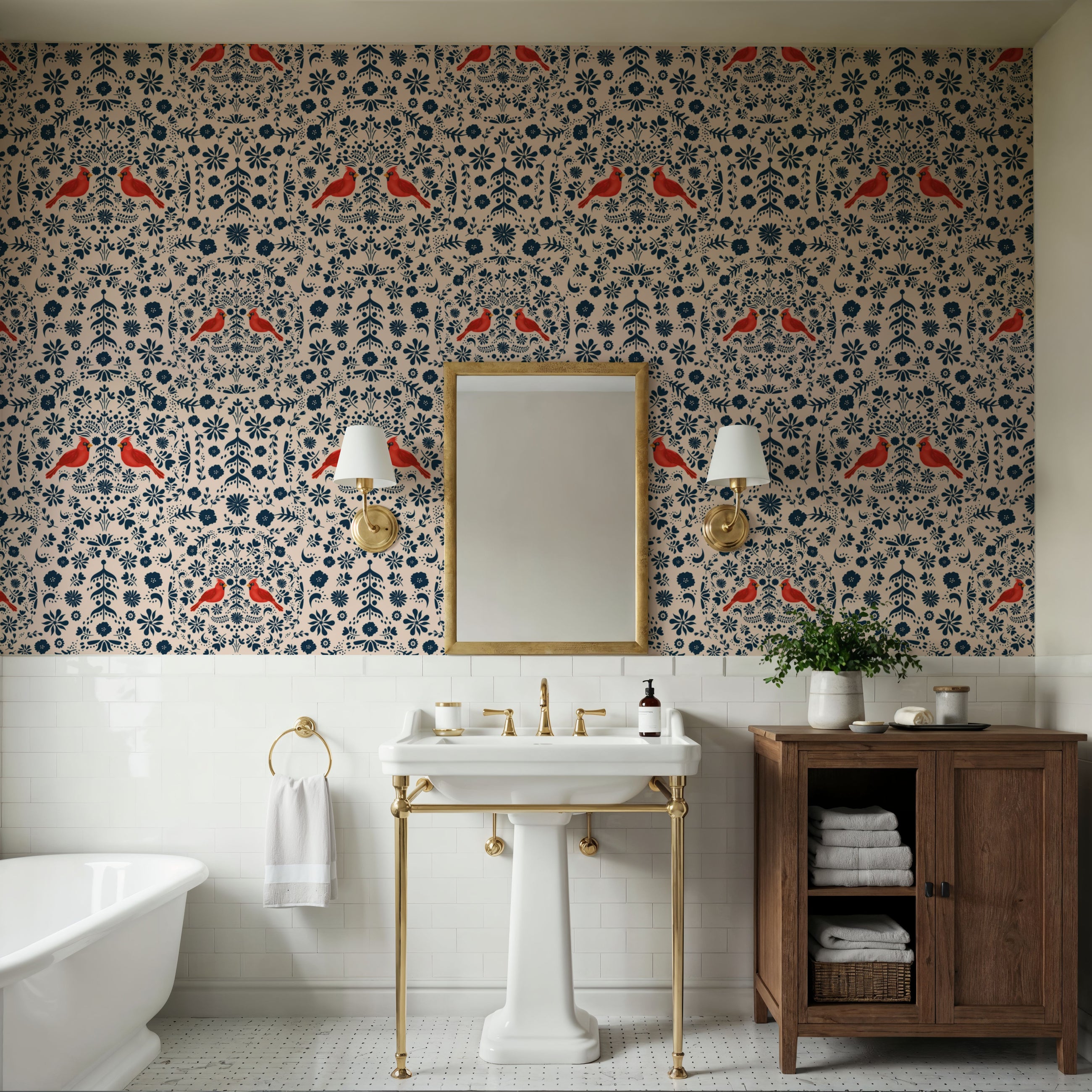 Cardinal Christmas, Blue on Cream Mural Wallpaper