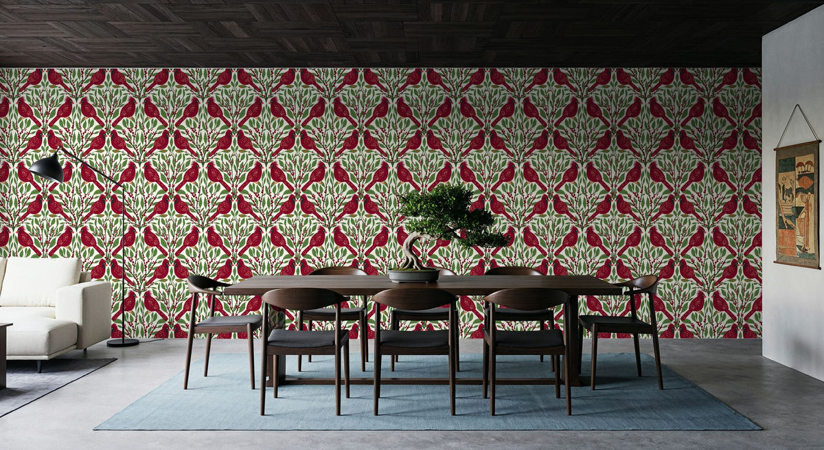 Cardinals & Winterberries, Green Mural Wallpaper - room preview 06