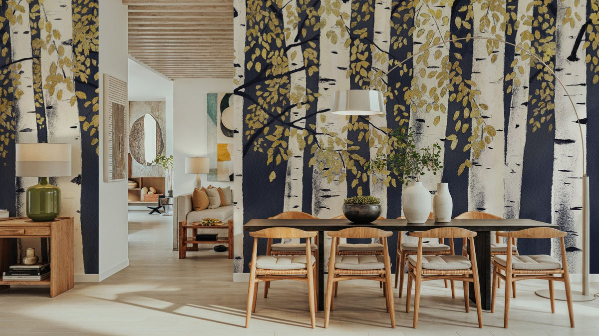 Fresh Forest Indigo Gold Mural Wallpaper - room preview 06