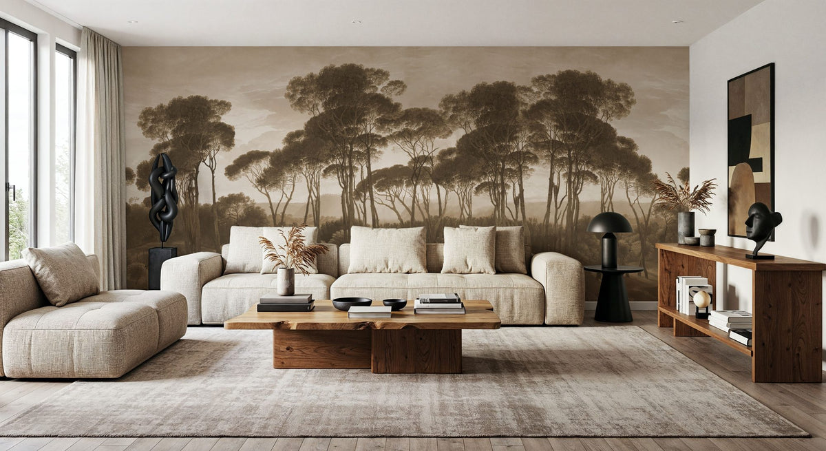 Mediterranean Pine Landscape, Sepia Mural Wallpaper - room preview 06