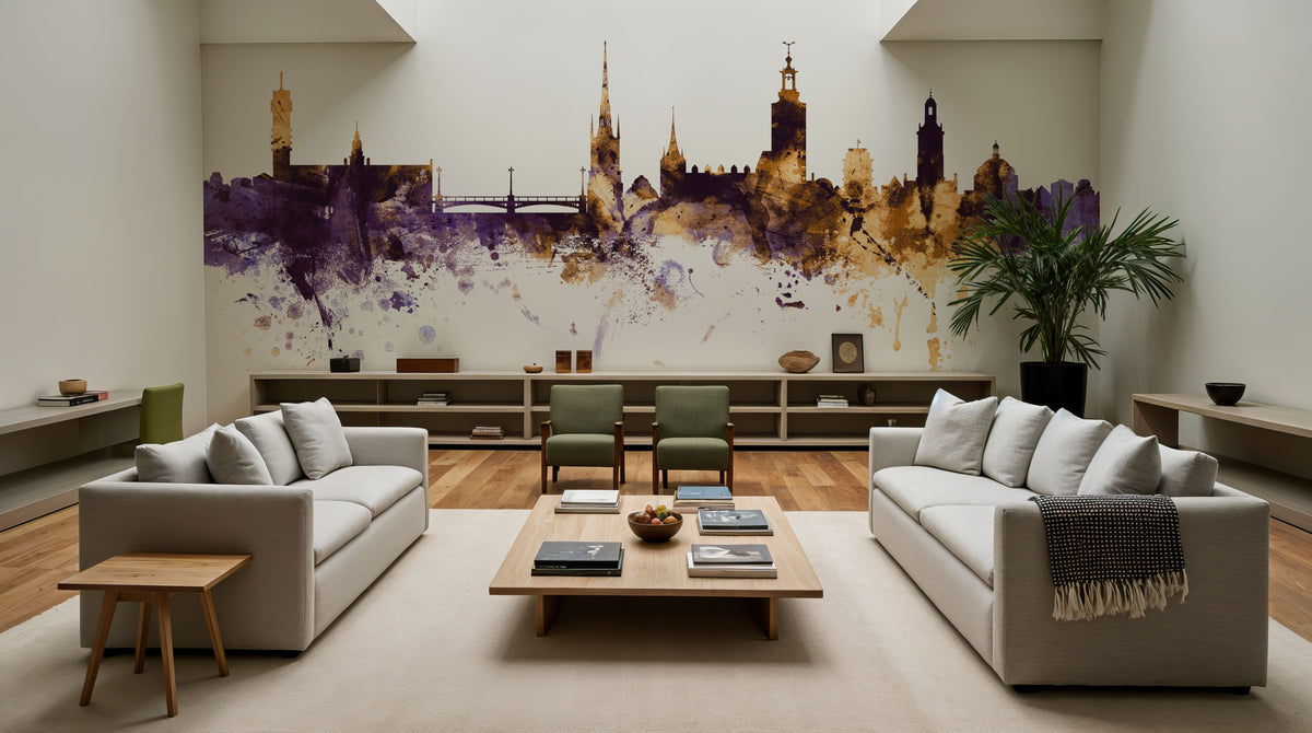Stockholm Skyline Purple & Gold Mural Wallpaper - room preview 06