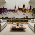 Stockholm Skyline Purple & Gold Mural Wallpaper - room preview 06