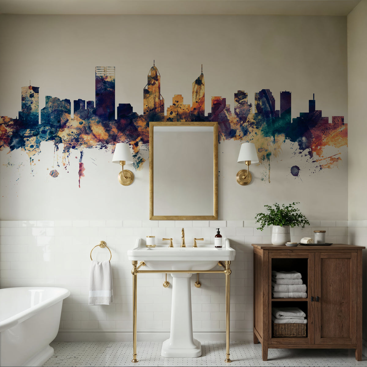 Perth Australia Skyline Blue & Bronze Mural Wallpaper - room preview 06