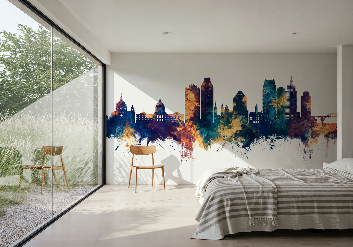 Saint Paul Minnesota Skyline Blue & Bronze Mural Wallpaper - room preview 06