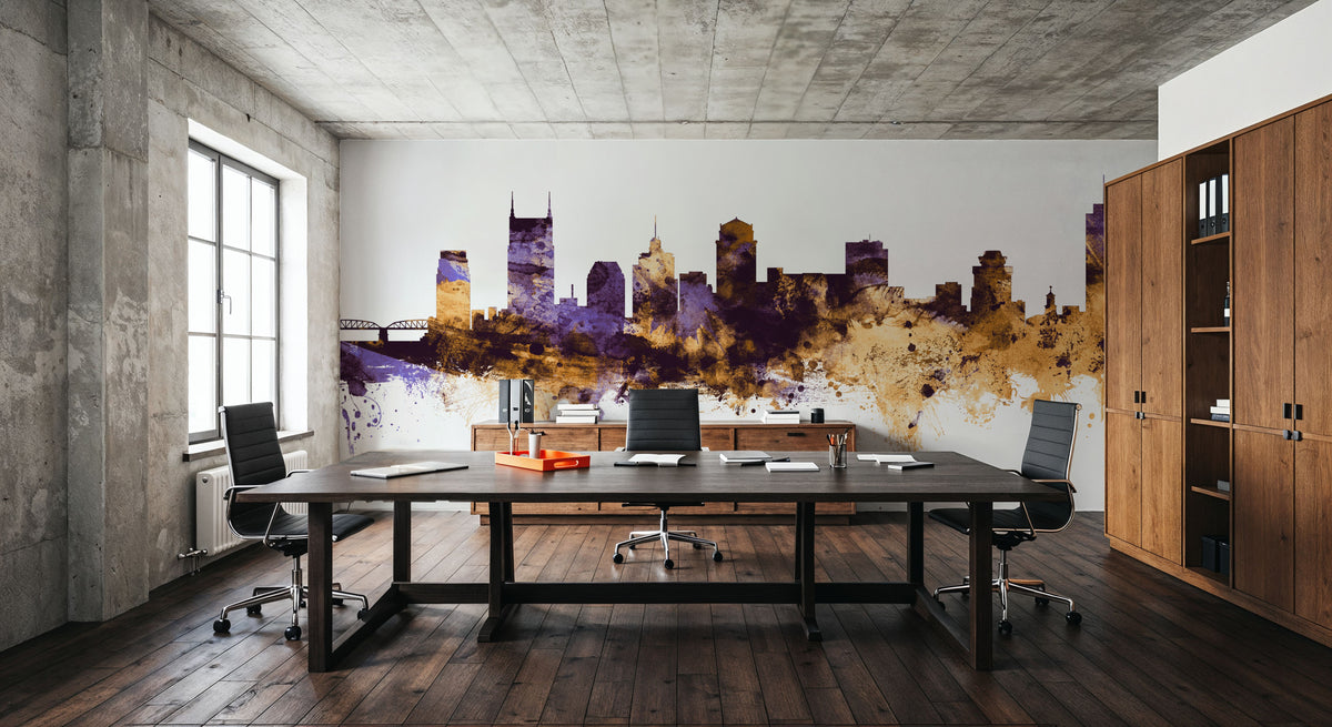 Nashville Tennessee Skyline Purple & Gold Mural Wallpaper - room preview 06