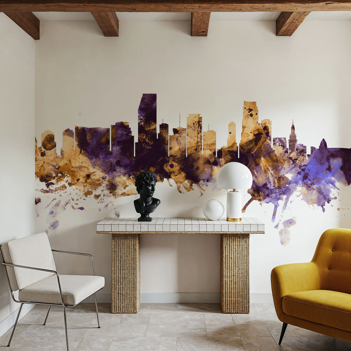 Miami Florida Skyline Purple & Gold Mural Wallpaper - room preview 06
