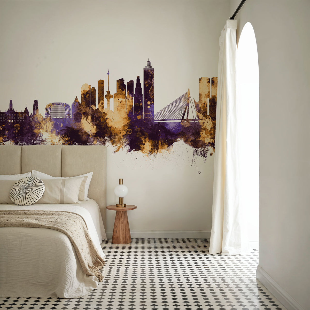 Rotterdam the Netherands Skyline Purple & Gold Mural Wallpaper - room preview 06