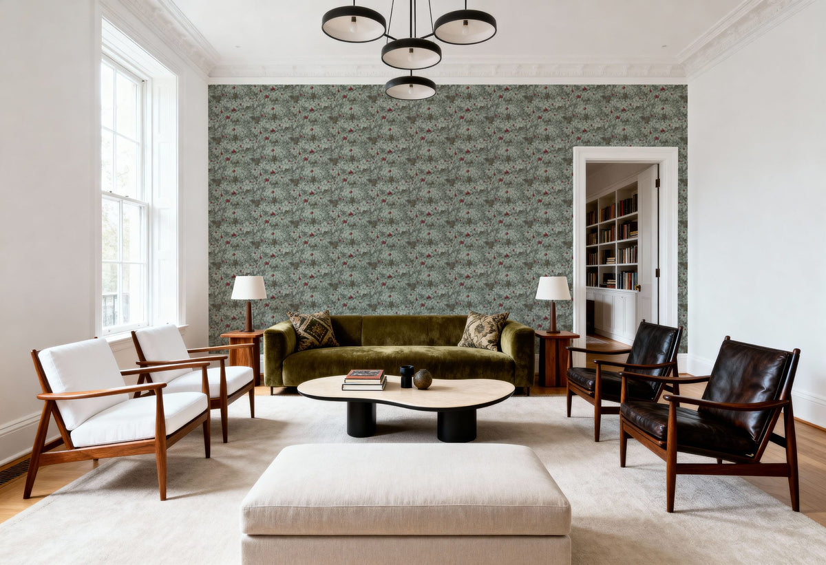 Fruit Tree Bower, Crimson on Green Mural Wallpaper - room preview 06