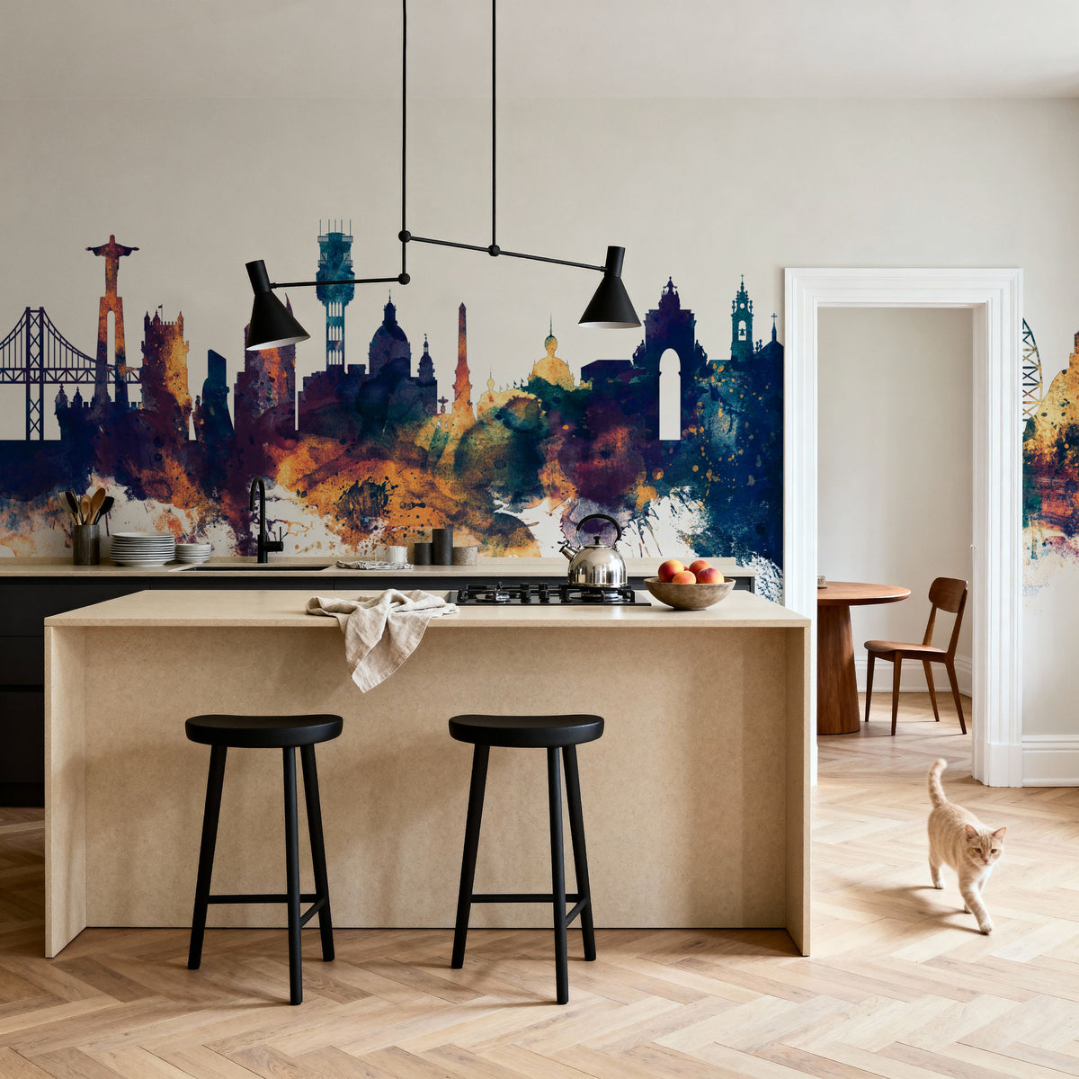 Lisbon Portugal Skyline Blue & Bronze Mural Wallpaper - room preview 06