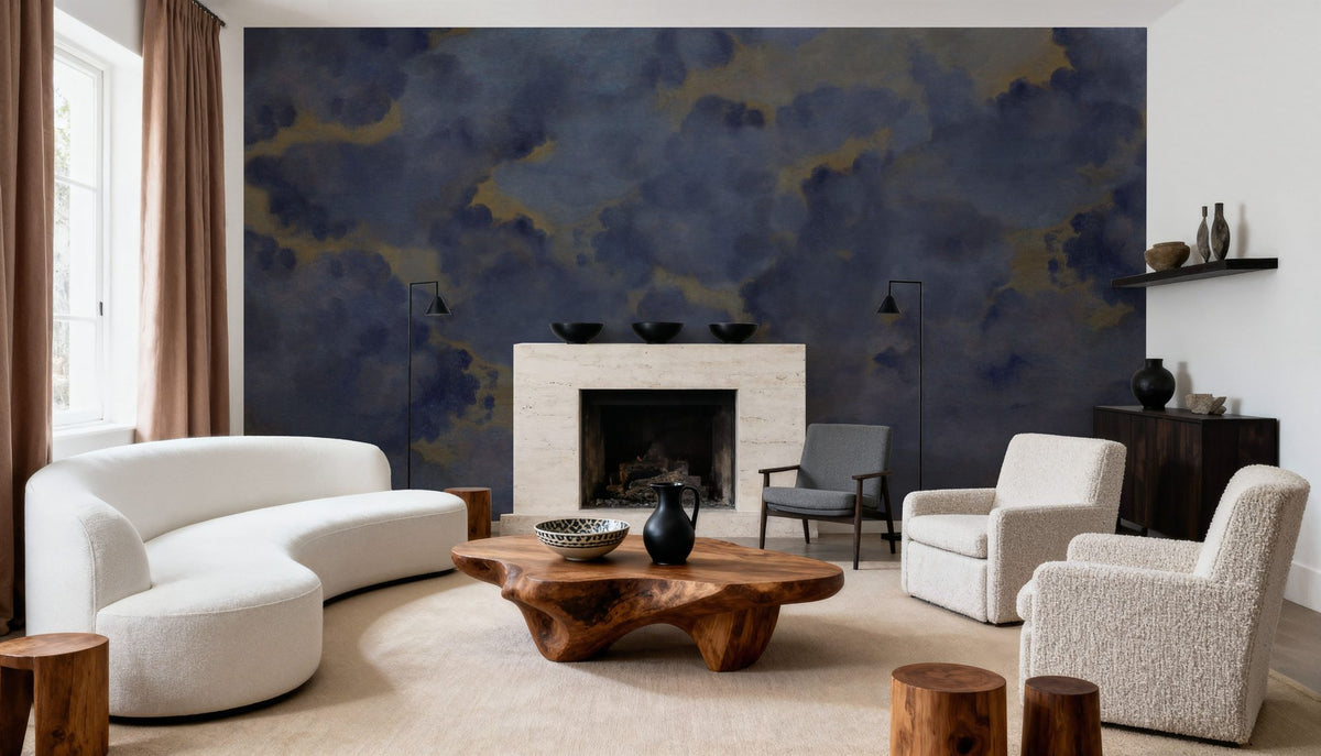 Painted Dreamy Clouds, Indigo Mural Wallpaper - room preview 06