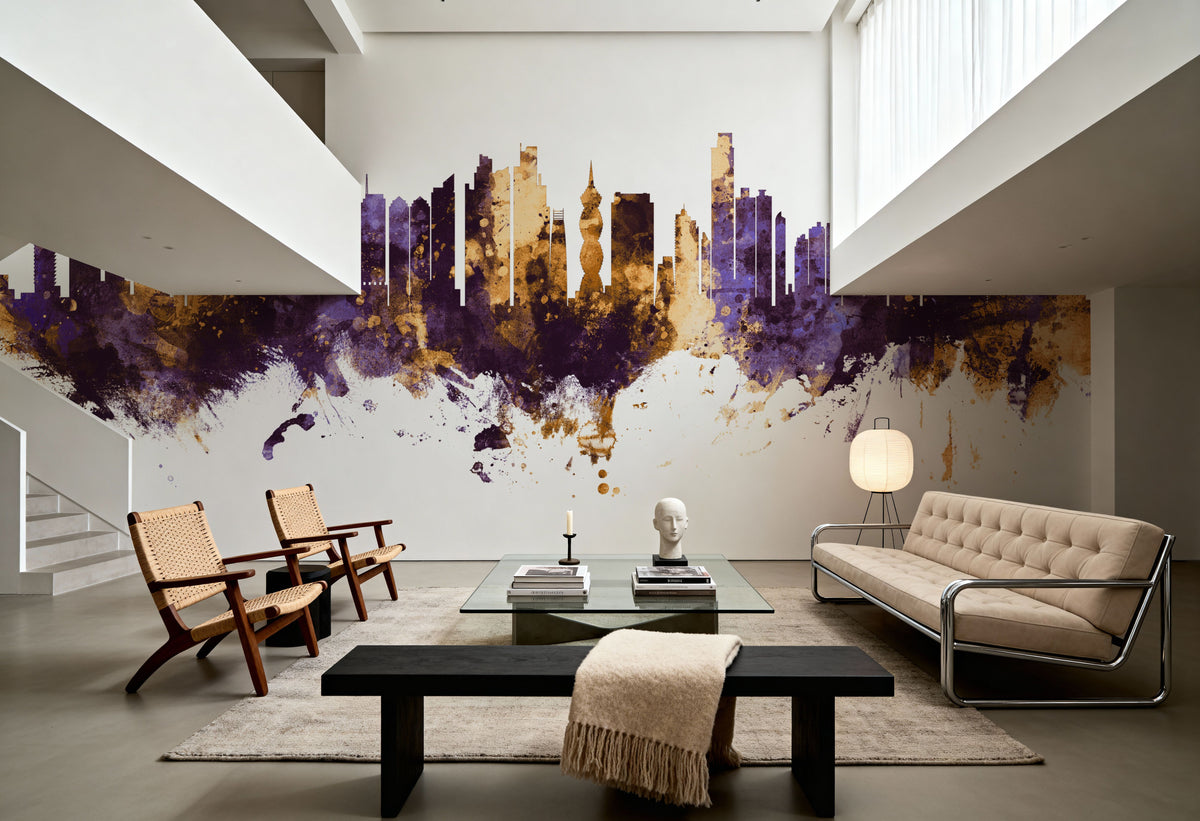 Panama City Skyline Purple & Gold Mural Wallpaper - room preview 06