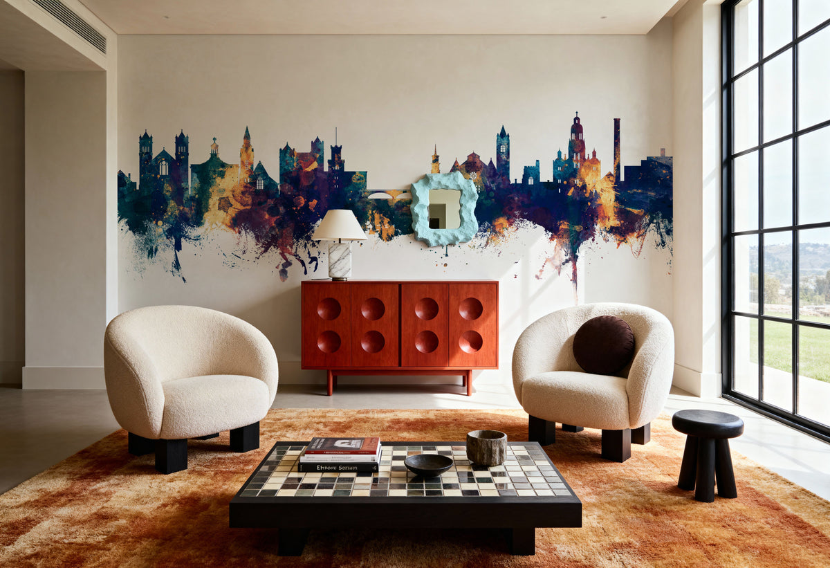 Nashua New Hampshire Skyline Blue & Bronze Mural Wallpaper - room preview 06